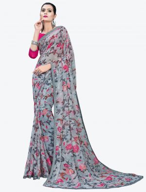 Grey Printed Lace Bordered Chiffon Designer Saree FABSA21011