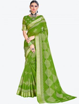 Mehendi Green Printed Cotton Silk Designer Saree small FABSA20993