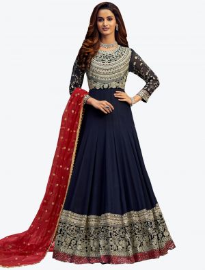 Navy Blue Georgette Semi Stitched Anarkali Floor Length Suit with Dupatta small FABSL20426