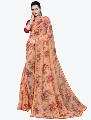 Peach Printed Lace Bordered Chiffon Designer Saree small FABSA21016