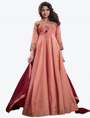peach triva silk thread embroidered ready to wear designer gown with dupatta fabgo20087