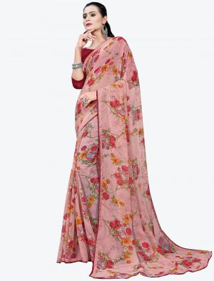 Pink Printed Lace Bordered Chiffon Designer Saree small FABSA21009