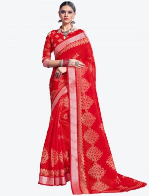 Red Printed Cotton Silk Designer Saree FABSA20997