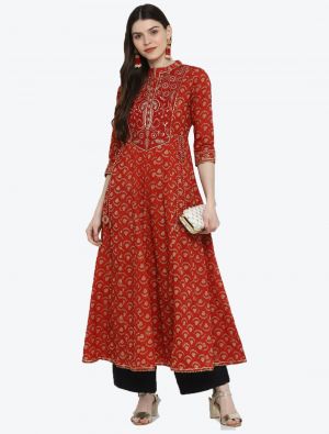 red pure cotton printed and embroidered long kurti fabku20325