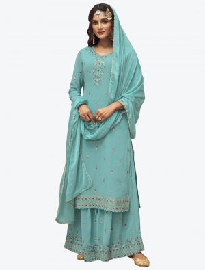 Sky Blue Embroidered Pure Georgette Straight Suit with Dupatta small FABSL20444
