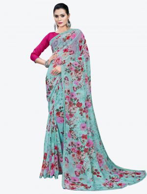 Sky Blue Printed Lace Bordered Chiffon Designer Saree small FABSA21013