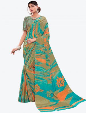 Turquoise Printed Crepe Designer Saree FABSA21006