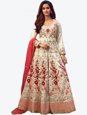White Silk Semi Stitched Anarkali Floor Length Suit with Dupatta small FABSL20425