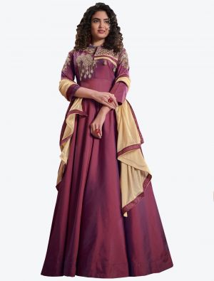 wine triva silk thread embroidered ready to wear designer gown with dupatta fabgo20084
