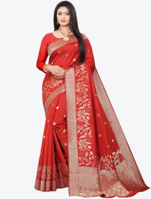 Red Woven Soft Art Silk Designer Saree small FABSA21019