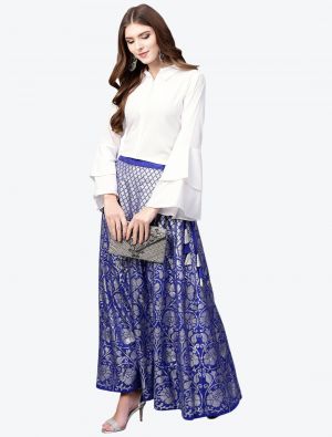 blue crepe printed skirt and top swatch fabku20363