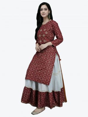 brown pure rayon bandhej printed kurti with skirt fabku20357