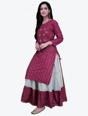 burgundy pure rayon bandhej printed kurti with skirt fabku20358