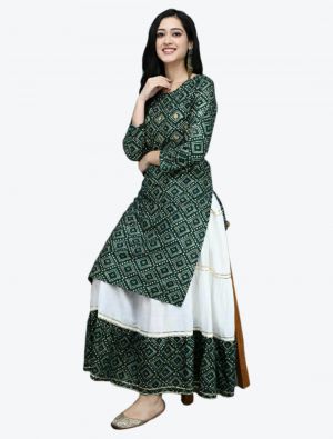 green pure rayon bandhej printed kurti with skirt fabku20356
