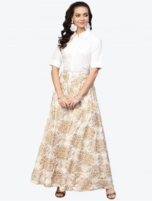 light brown cotton printed skirt and top swatch fabku20369