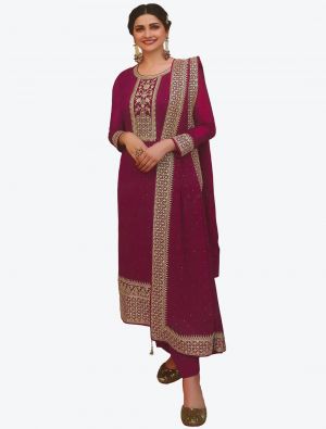 Magenta Embroidered Faux Georgette Straight Suit with Dupatta small FABSL20500