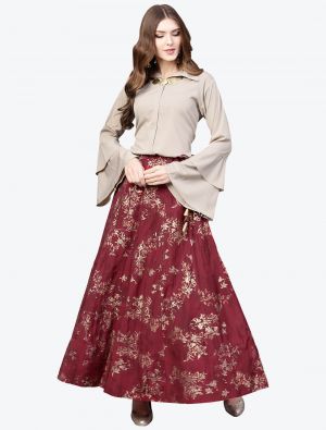 maroon crepe foil printed skirt and top swatch fabku20359