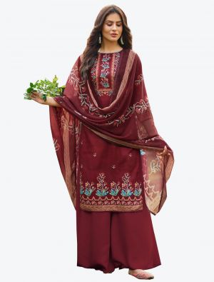 Maroon Jam Cotton Hand Work Straight Suit with Dupatta small FABSL20469