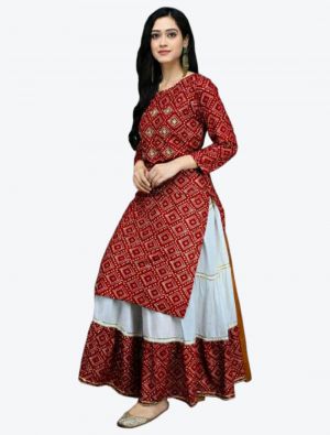 maroon pure rayon bandhej printed kurti with skirt fabku20354
