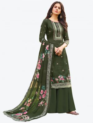 Mehendi Green Jam Cotton Hand Work Straight Suit with Dupatta small FABSL20471