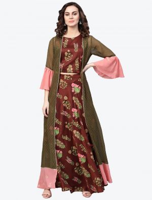 reddish brown poly silk printed skirt and top with jacket swatch fabku20374
