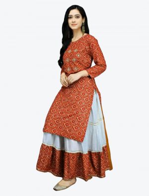 rust pure rayon bandhej printed kurti with skirt fabku20353
