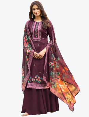 Wine Jam Cotton Hand Work Straight Suit with Dupatta small FABSL20467