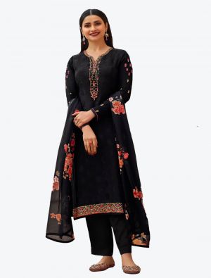 Black Embroidered Royal Crepe Straight Suit with Printed Dupatta small FABSL20511