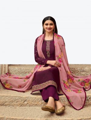 Deep Purple Embroidered Royal Crepe Straight Suit with Printed Dupatta small FABSL20515