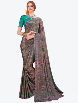 Green And Pink Printed Fine Crepe Designer Saree small FABSA21091