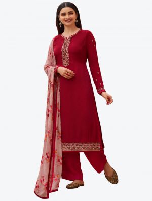 Maroon Embroidered Royal Crepe Straight Suit with Printed Dupatta small FABSL20517