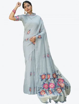 Pastel Blue Woven Jacquard Soft Linen Cotton Designer Saree small FABSA21099