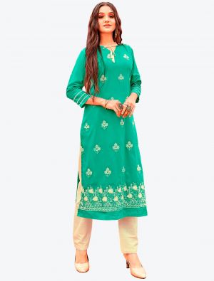 sea green pure cotton thread embroidered kurti with pant fabku20398
