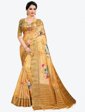 Shiny Yellow Woven Digital Printed South Cotton Designer Saree small FABSA21120