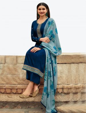 Teal Blue Embroidered Royal Crepe Straight Suit with Printed Dupatta small FABSL20513