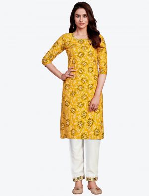 yellow fine rayon bandhej printed kurti with pant fabku20414