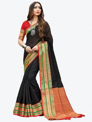 Black Woven Handloom Cotton Designer Saree small FABSA21174