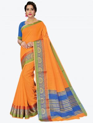 Bright Orange Woven Handloom Cotton Designer Saree small FABSA21180