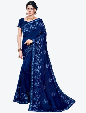 Deep Blue Embroidered Vichitra Silk Designer Saree small FABSA21145