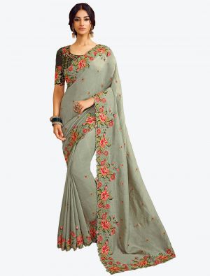 Light Grey Resham Embroidered Vichitra Silk Designer Saree small FABSA21142