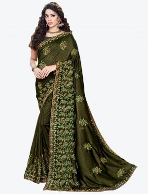 Mehendi Green Embroidered Vichitra Silk Designer Saree small FABSA21147
