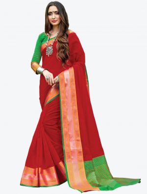 Red Woven Handloom Cotton Designer Saree small FABSA21172