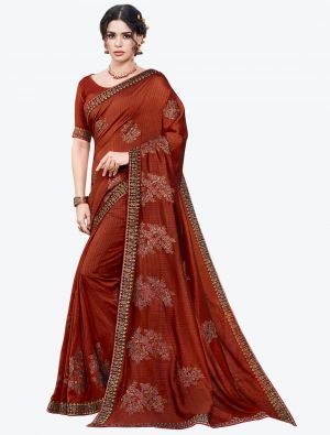 Rusty Brown Embroidered Vichitra Silk Designer Saree small FABSA21149