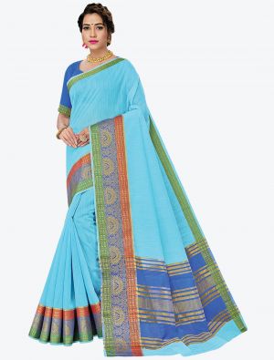 Sky Blue Woven Handloom Cotton Designer Saree small FABSA21185
