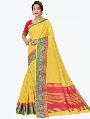 Yellow Woven Handloom Cotton Designer Saree small FABSA21184