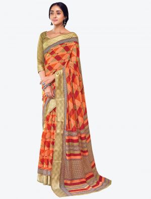 Bright Orange Printed And Woven Pure Cotton Designer Saree small FABSA21186