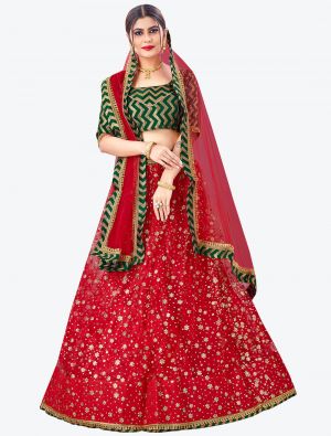 Bright Red Mono Net Festive Wear Designer Lehenga Choli with Dupatta small FABLE20155