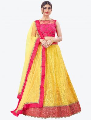 Bright Yellow Mono Net Festive Wear Designer Lehenga Choli with Dupatta small FABLE20153