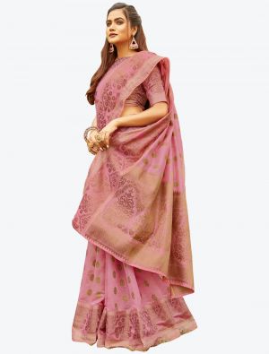 Light Pink Heavy Woven Work Handloom Cotton Designer Saree small FABSA21204