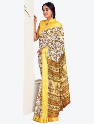Pale White Printed And Woven Pure Cotton Designer Saree small FABSA21193
